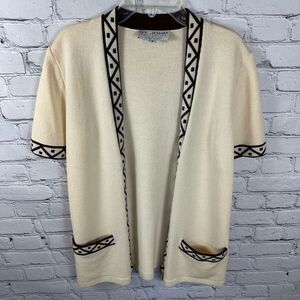 St. John Collection Santana Cream Knit Brown Edging Detail Open Front Cardigan P
